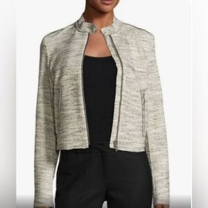 THEORY Bavewick Branson Moto Jacket Nubby Black/Cream Raw Hem. Zipper Front.